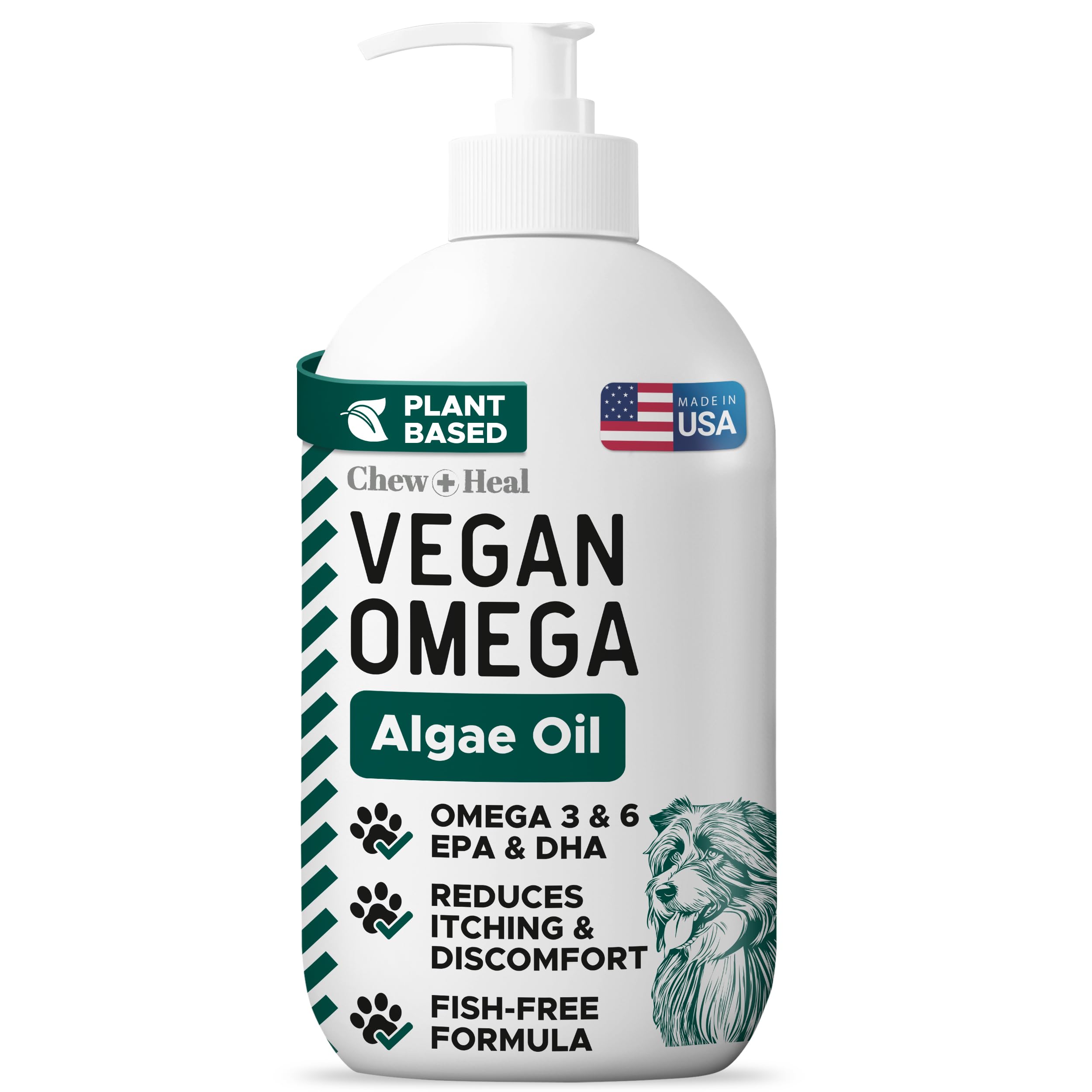 Chew + Heal Labs – flacon huile oméga-3 végan pour chiens, peau saine et pelage brillant.