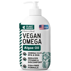 Chew + Heal Labs – flacon huile oméga-3 végan pour chiens, peau saine et pelage brillant.