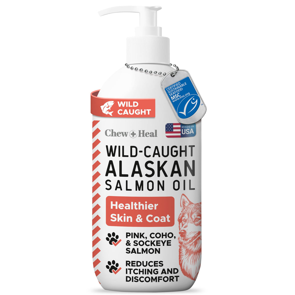 Chew + Heal Labs huile saumon Alaskien, pompe-bouteille facilitant le dosage.