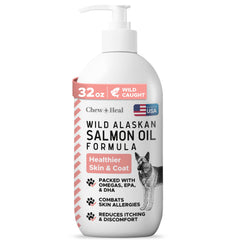 Chew + Heal Labs huile saumon sauvage, bouteille pompe, dosage facile pour le chien.
