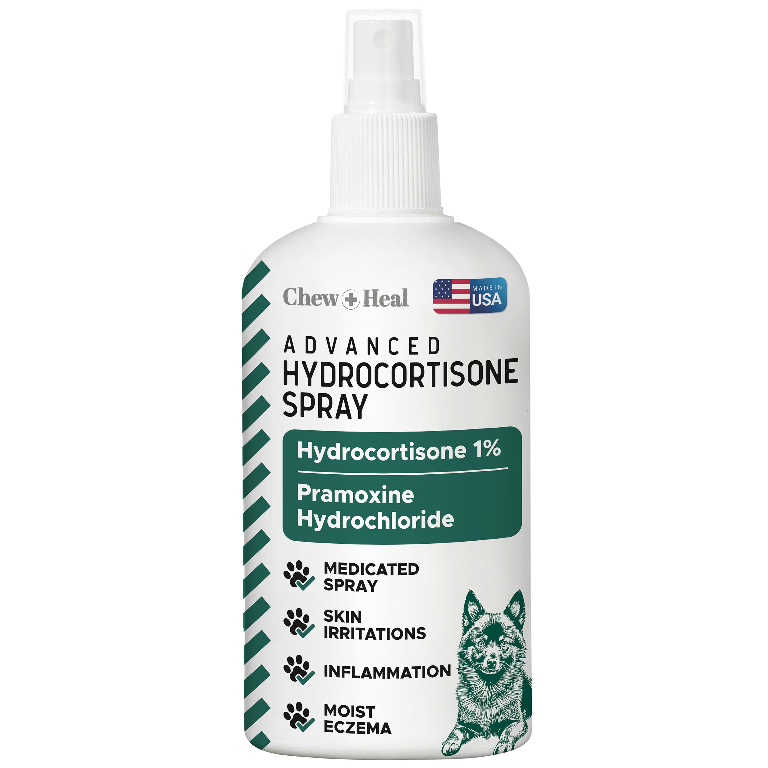Chew + Heal Labs hydrocortisone hot spot spray chien — soulage rapidement les irritations locales.