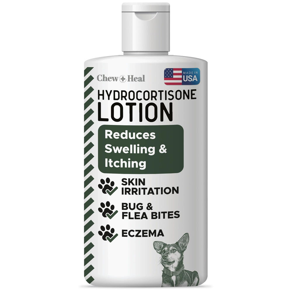 Chew + Heal Labs Lotion hydrocortisone pour chien, flacon 118 ml, soulage les irritations cutanées.