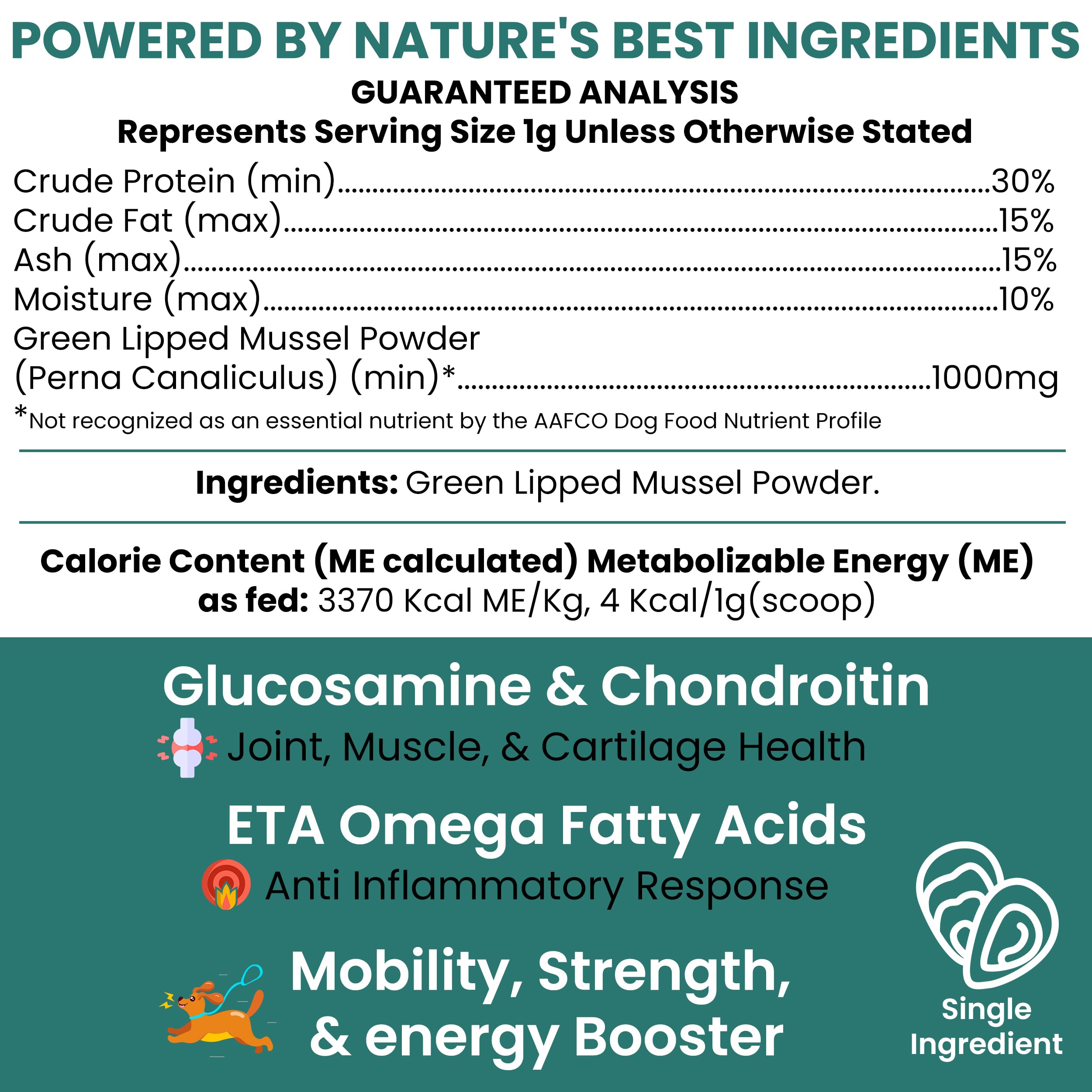 Poudre Chew + Heal Labs moules vertes sur la nourriture, soutien potentiel des articulations.