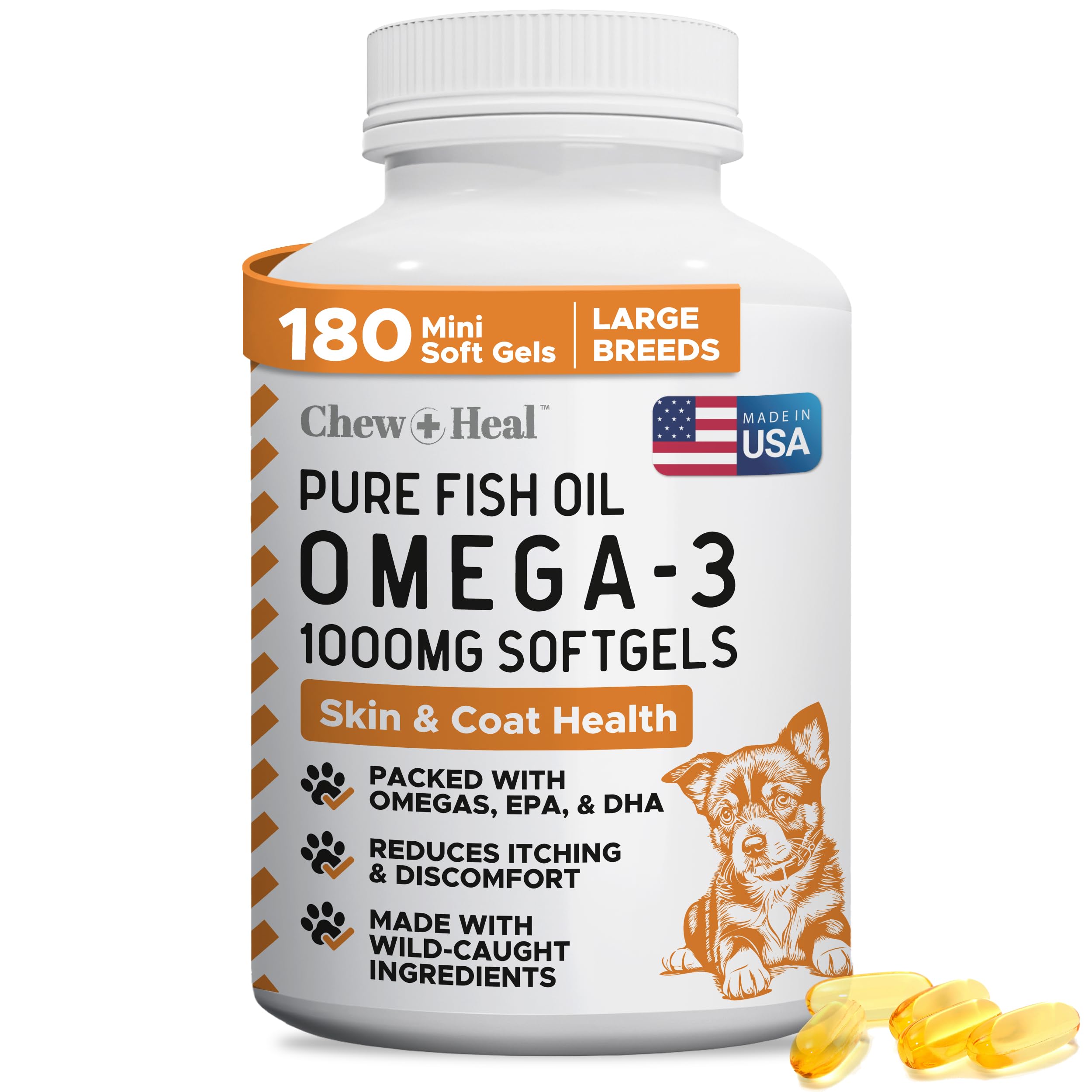 Bouteille Chew + Heal Labs Omega-3 pour chien, pratique et pelage sain.