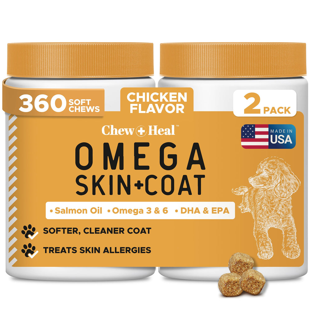 Chew-Heal-Labs Omega3 poisson chien: bouchées 360 pour peau et pelage sains.