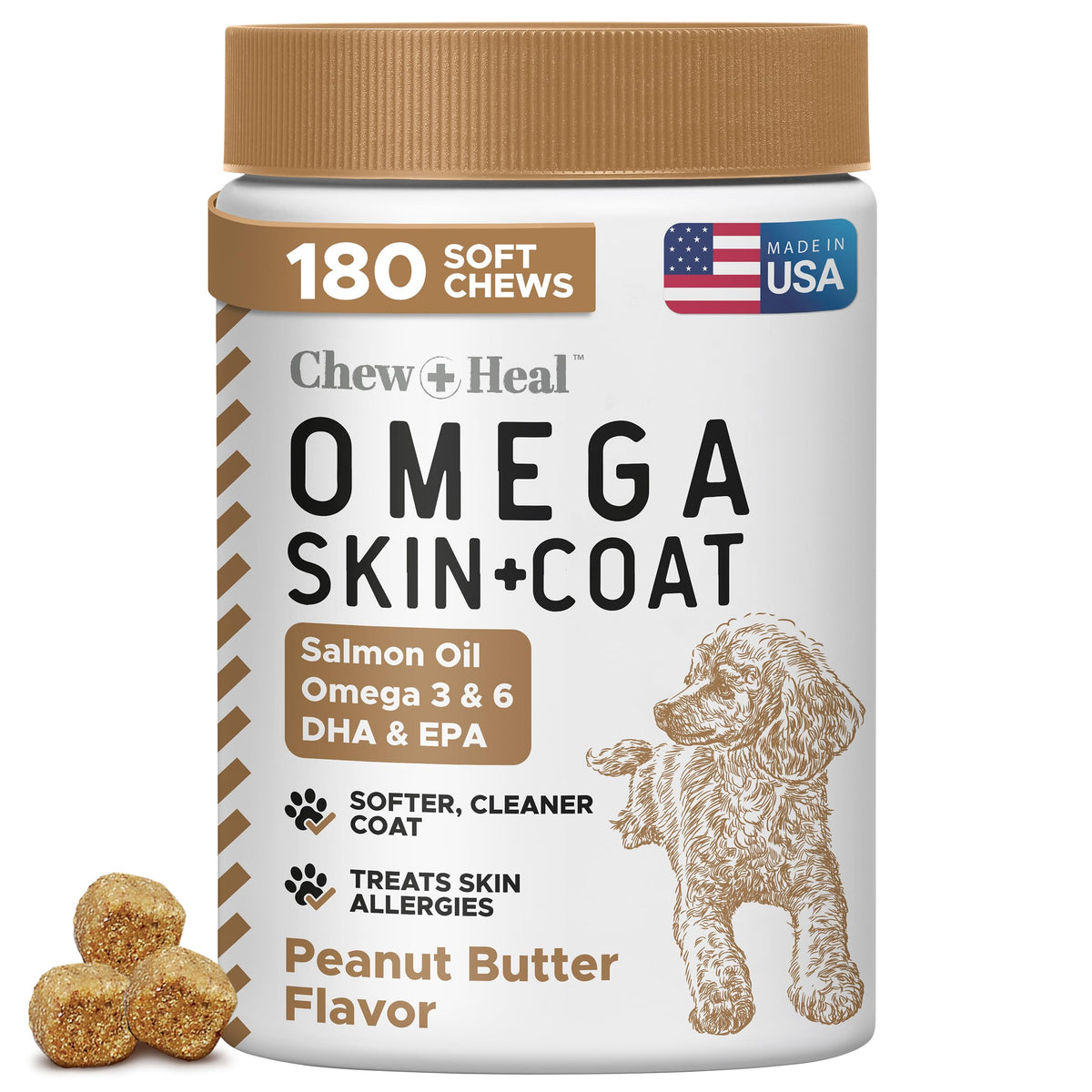 Chew + Heal Labs Omega3 poisson chien – bouchées riches en nutriments pour peau et pelage.