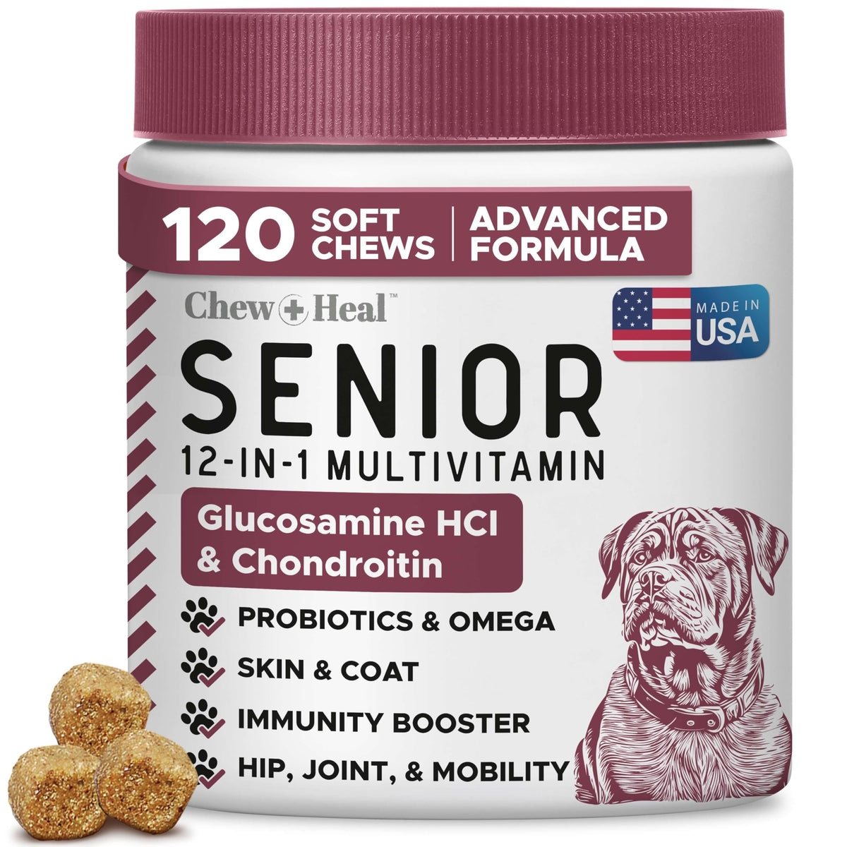Chew + Heal Labs multivitamine chiens seniors — emballage clair et informations nutritionnelles