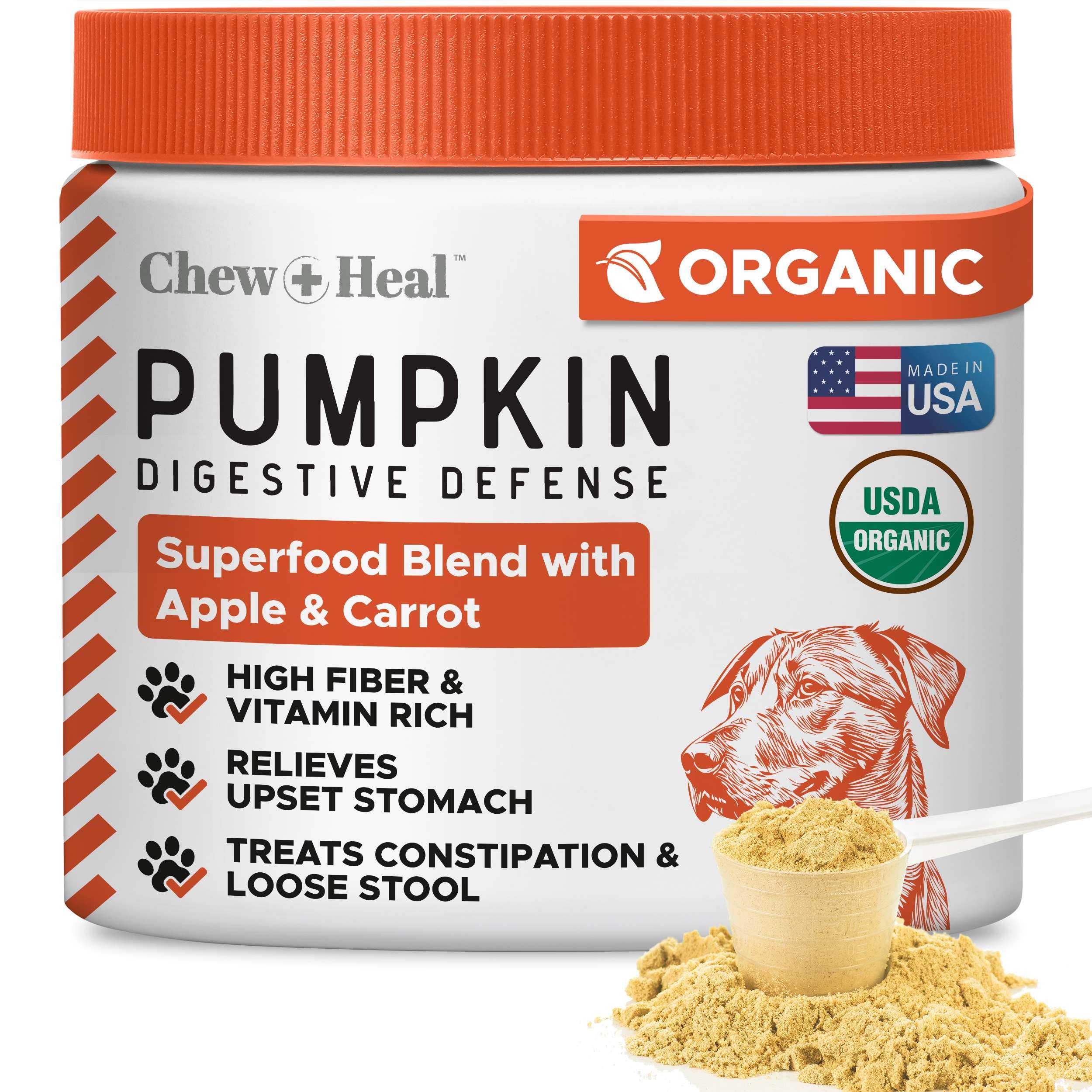 Chew + Heal Labs Poudre Citrouille Bio pour chien, soutien digestif naturel