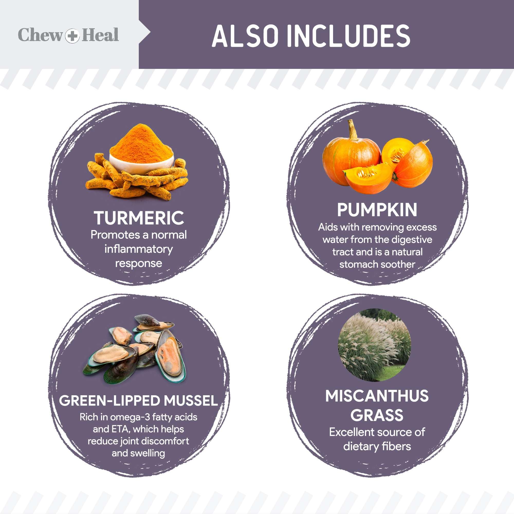 Chew Heal Labs ingrédients naturels saumon, peau et pelage soutenus.