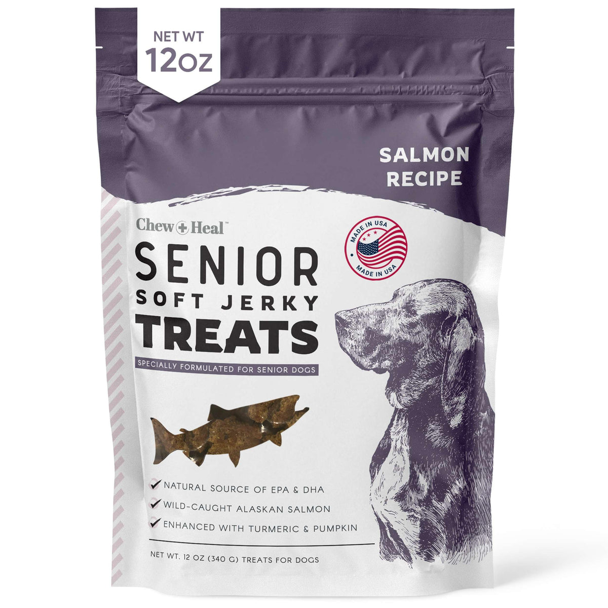 Chew Heal Labs bouchées saumon souples, emballage pratique pour chiens âgés.