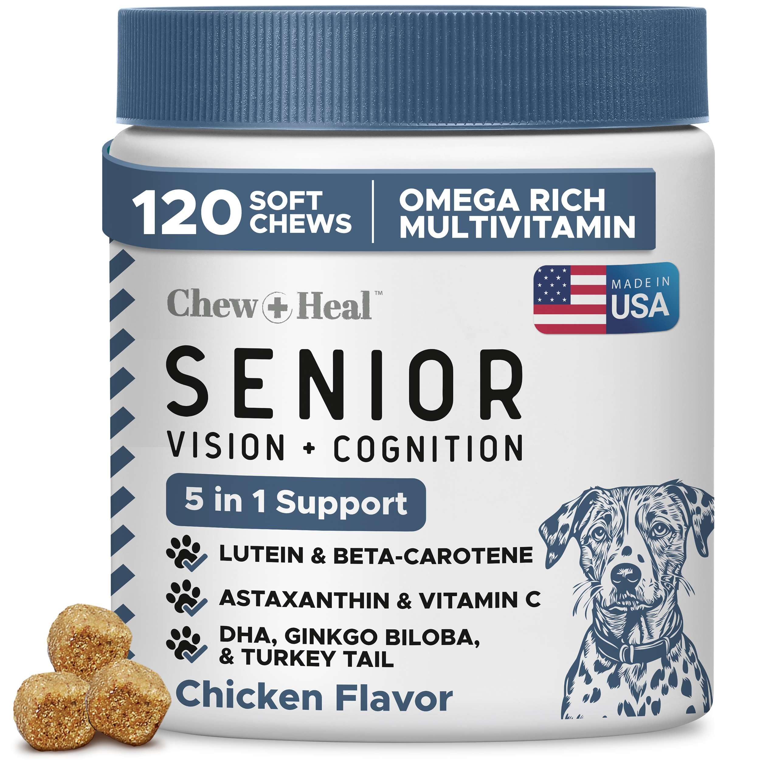 Chew + Heal Labs Senior Dog Vision Chews en flacon, soutien visuel.