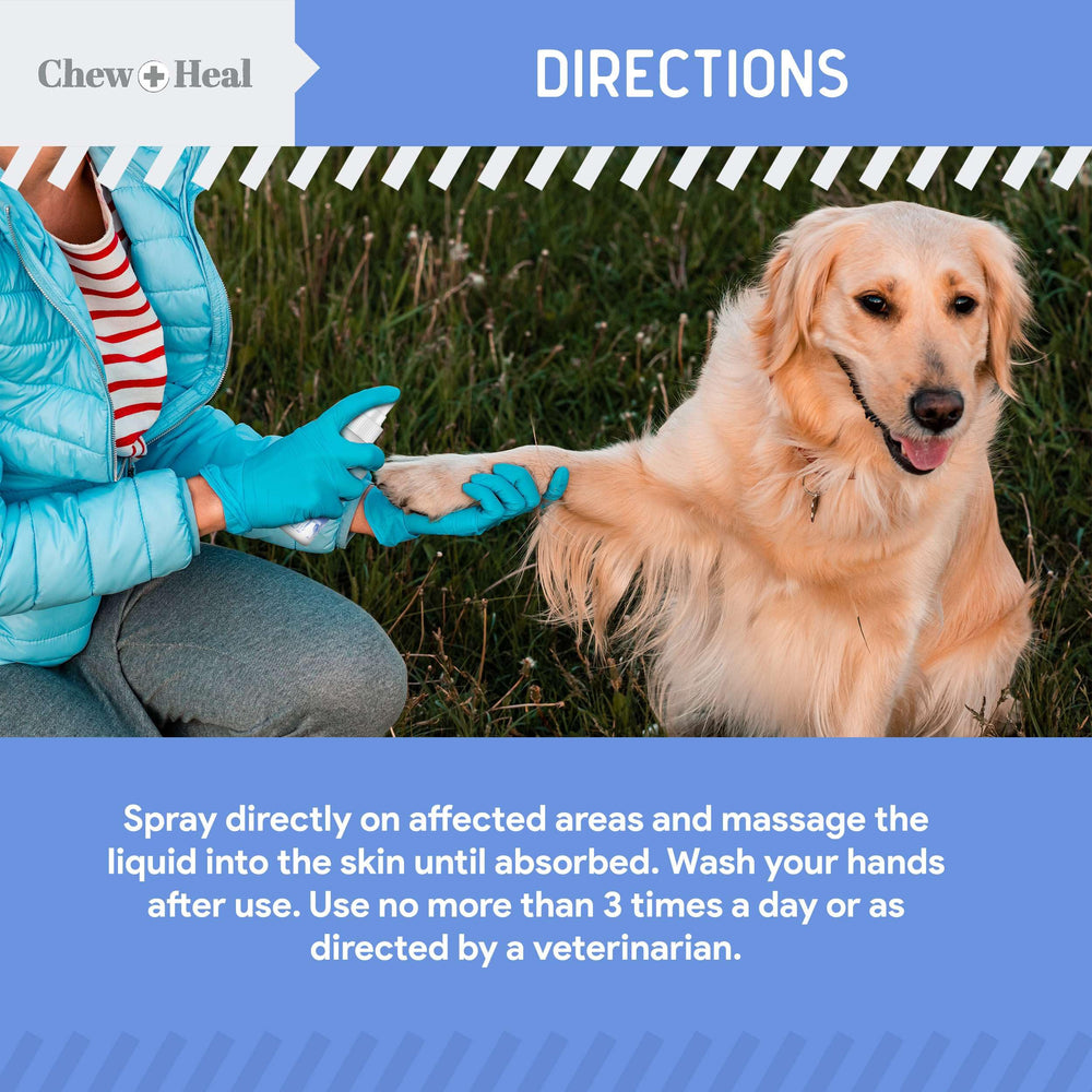 Spray en action sur la peau du chien pour zones irritées et démangeaisons.