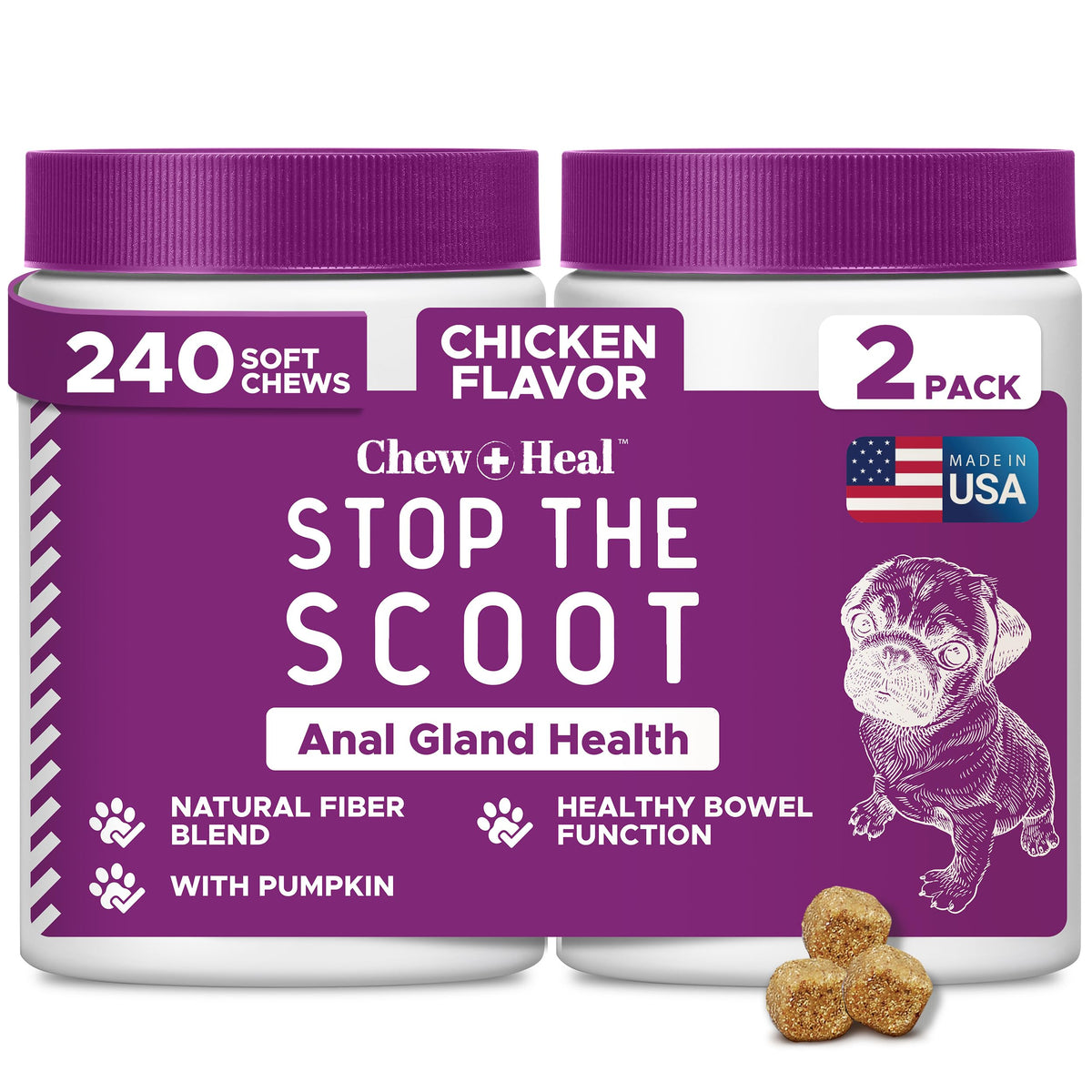 Stop le Scoot de Chew Heal Labs — bouteille affichant friandises au poulet pour la digestion.