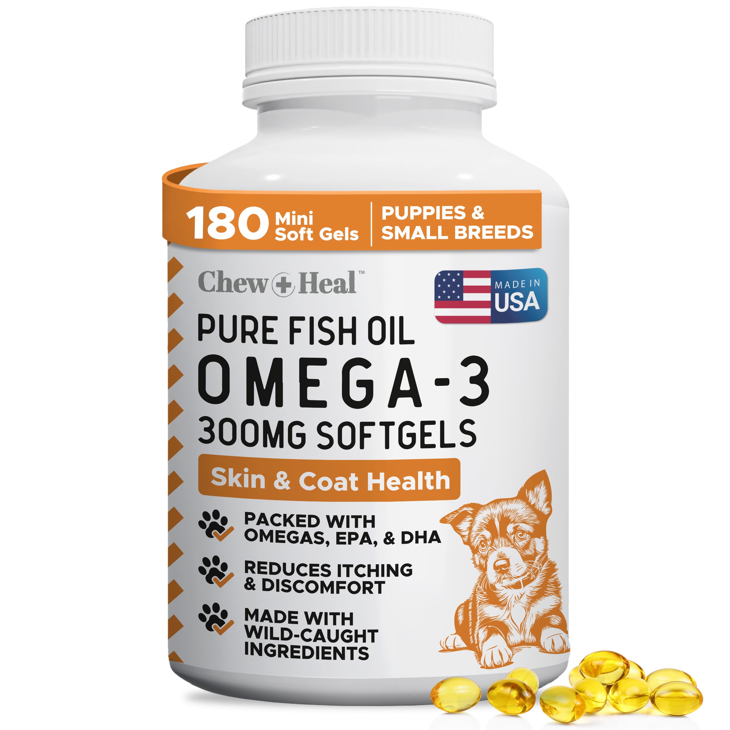 Chew + Heal Omega3 pour petites races — bouteille mini pour pelage plus sain