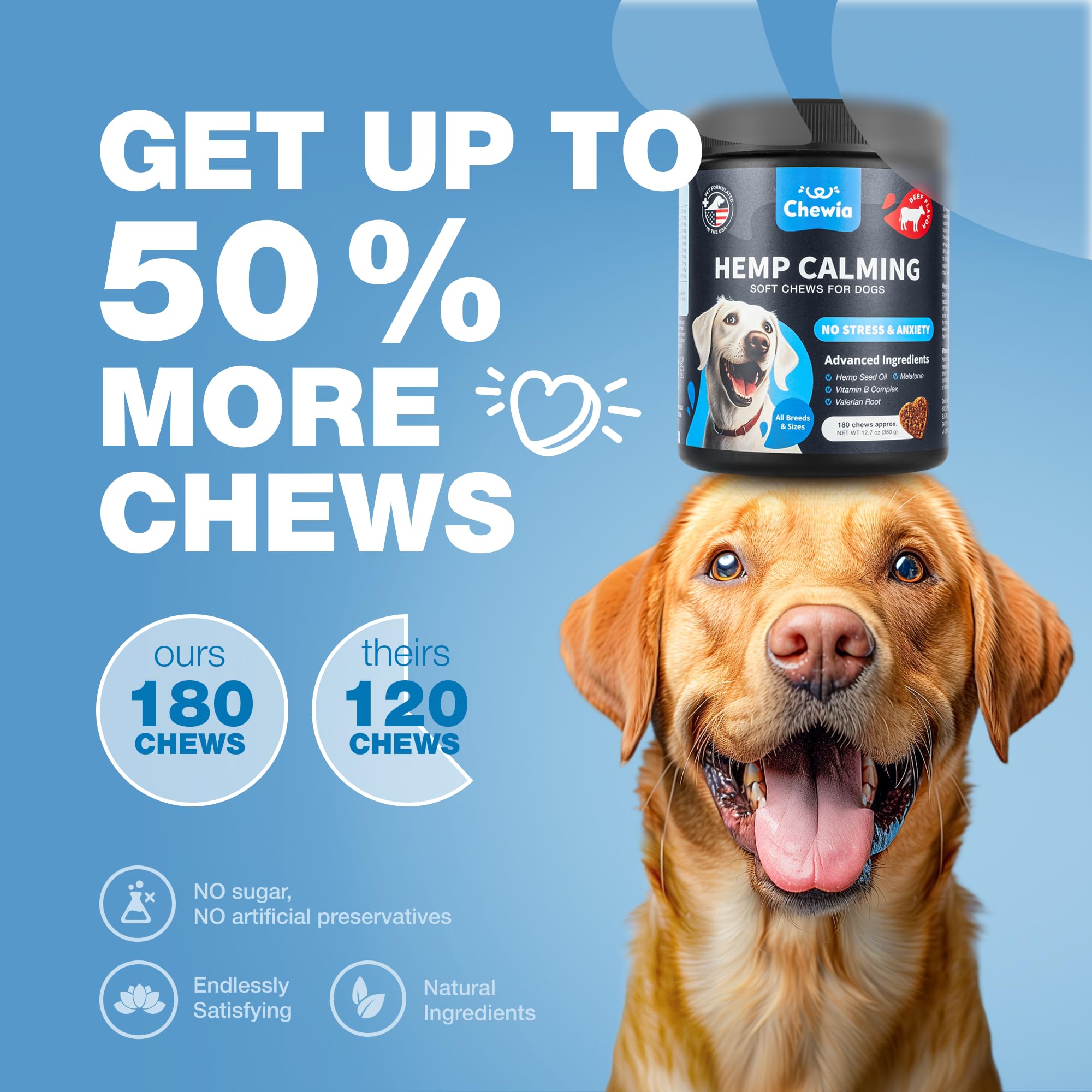 CHEWIA: friandises boeuf calmes au chanvre pour chien, saveur et relaxation.