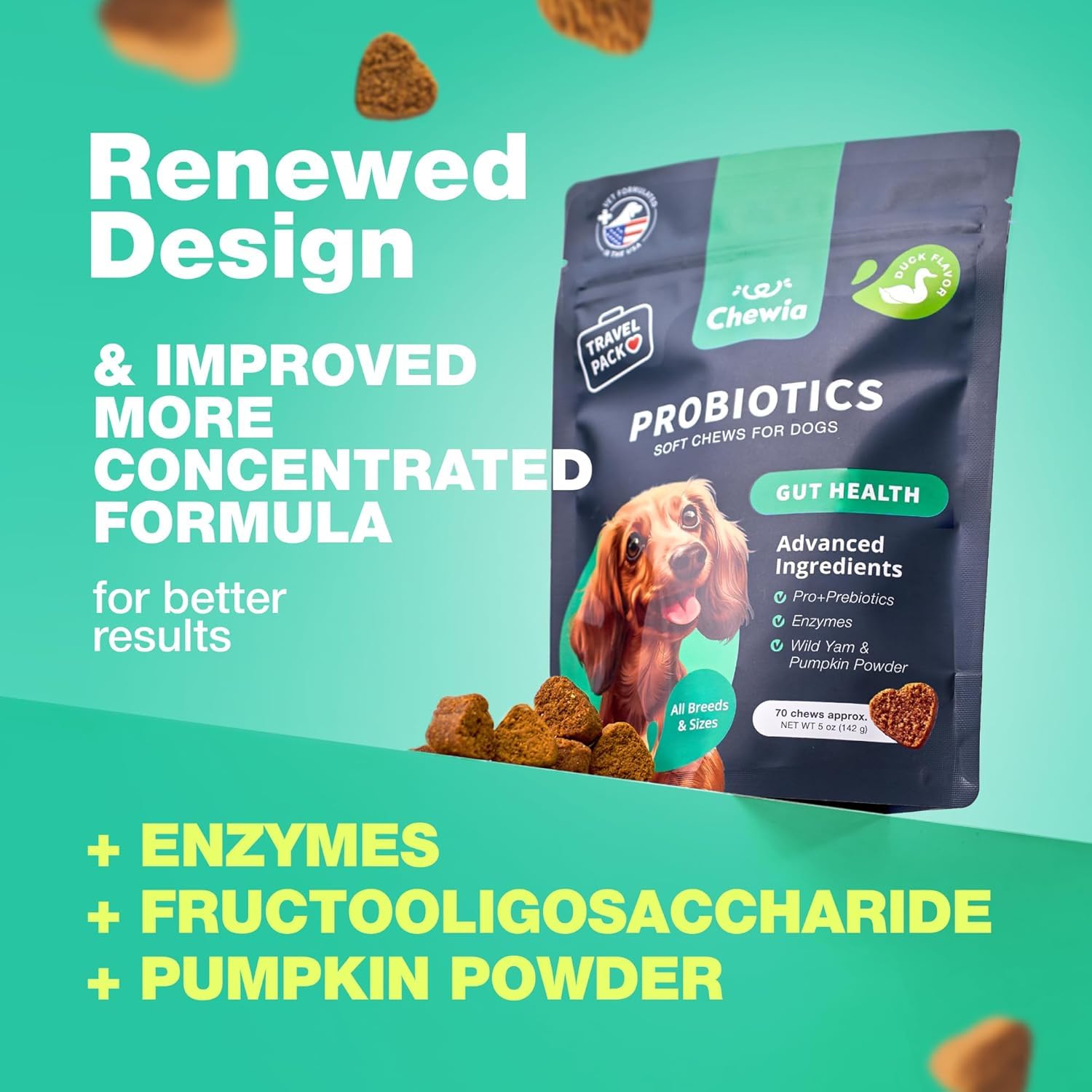 CHEWIA Probiotiques Chien Gout Canard: friandise savoureuse favorisant l’appétit.
