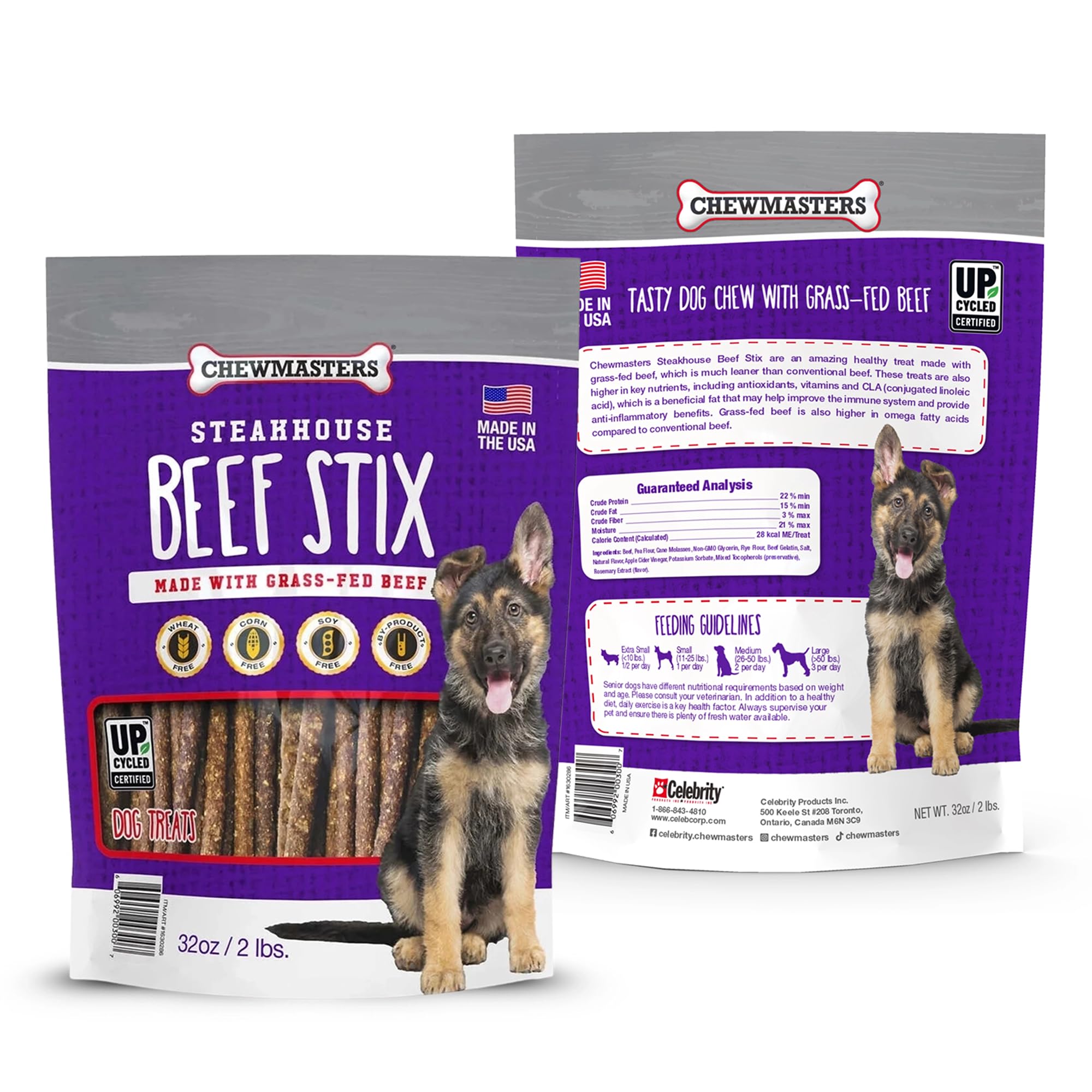 Fabrication aux États-Unis: Chewmasters Beef Stix dans un emballage fiable.