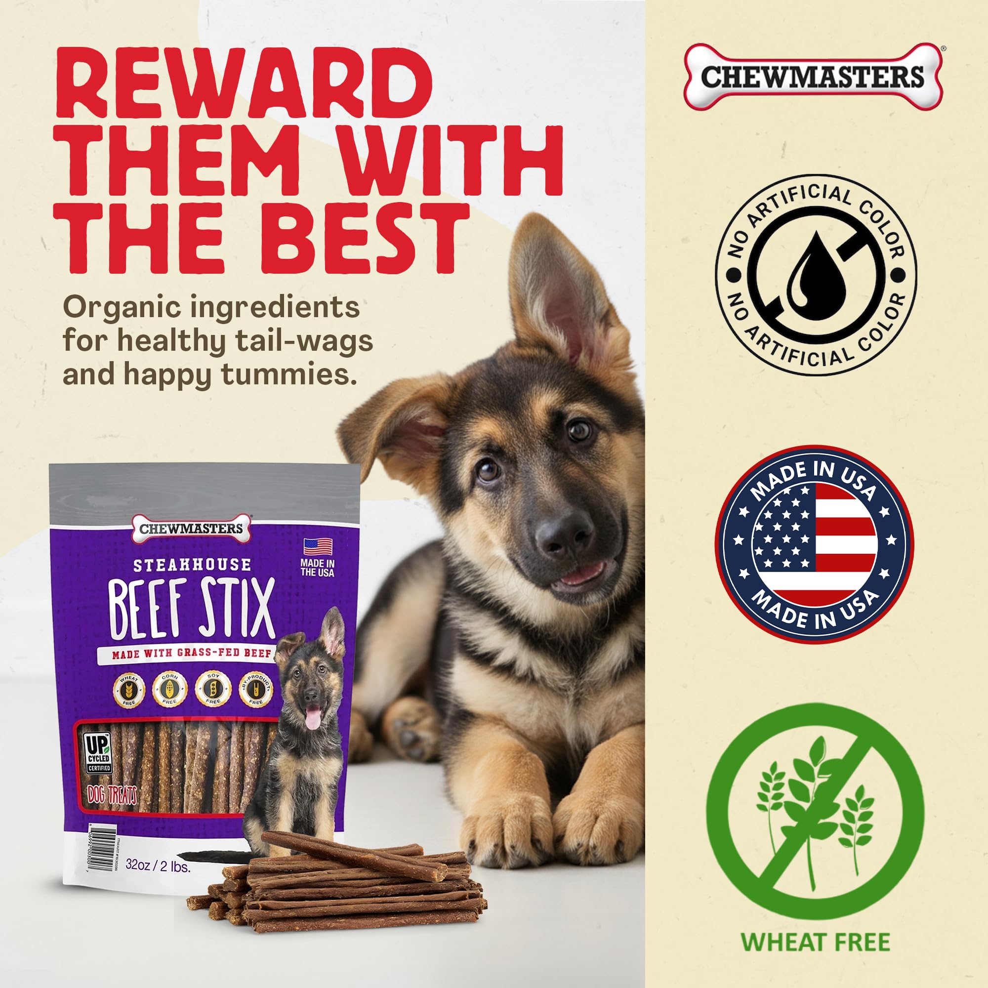 Ingrédients simples de Chewmasters Beef Stix, gourmandise sans artificiels.