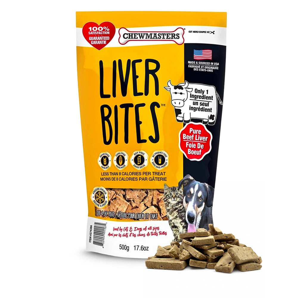 Bouchées Chewmasters au foie de bœuf séché, récompense protéinée pour chien.