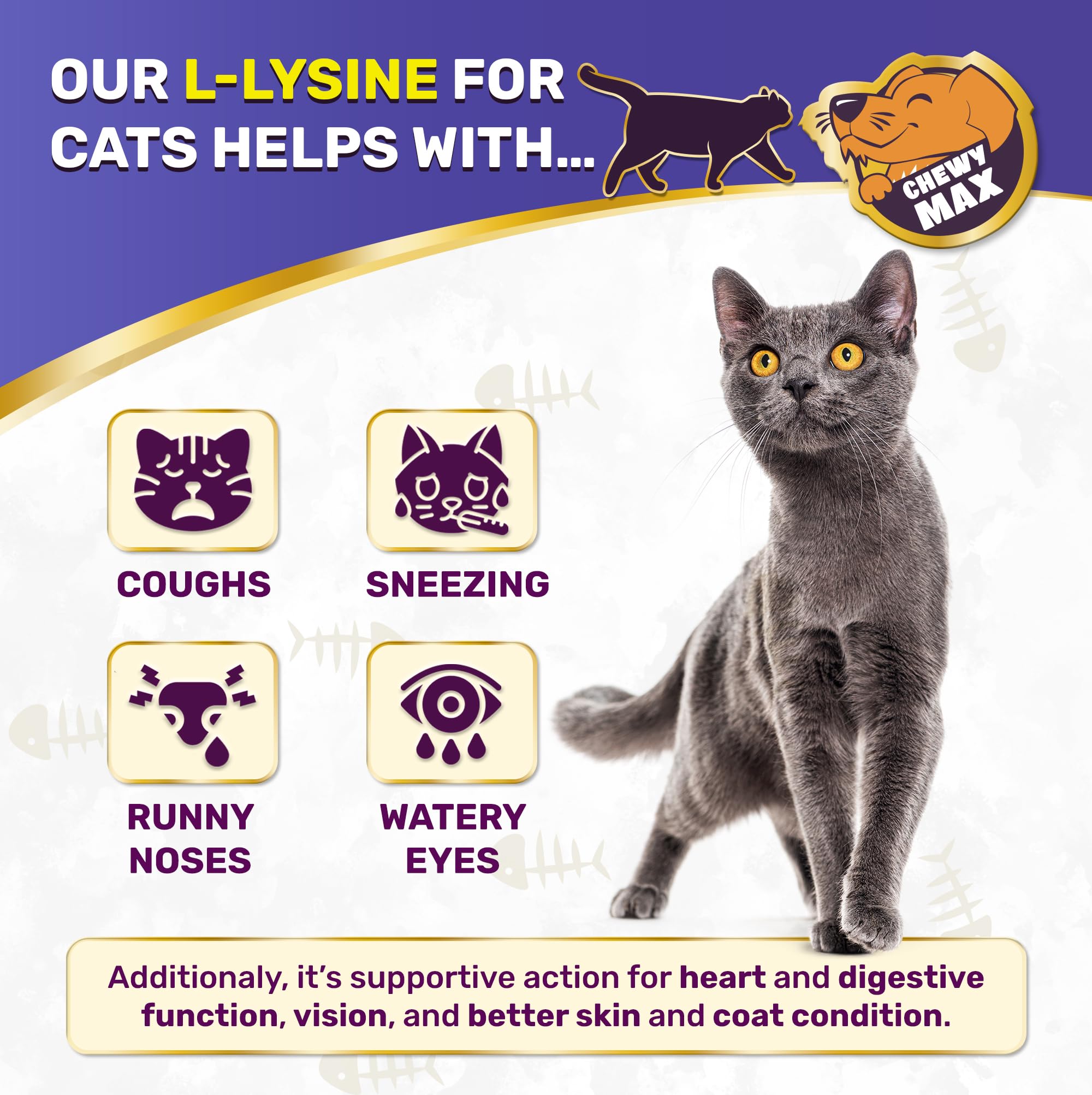 Chewy Max Lysine: etiquette produit, présentation claire et ingrédients.