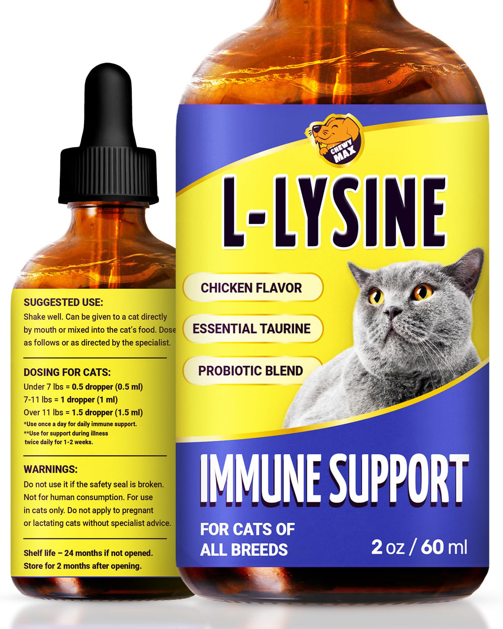 Chewy Max Lysine: flacon chat 2 onces saveur poulet, soutien immunitaire possible.
