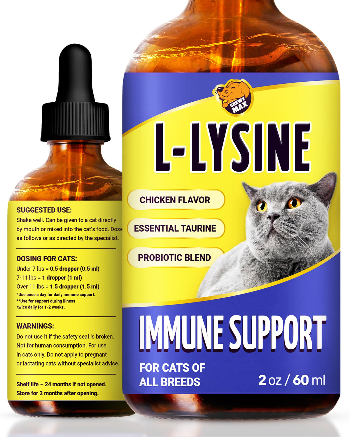 Chewy Max Lysine: flacon chat 2 onces saveur poulet, soutien immunitaire possible.