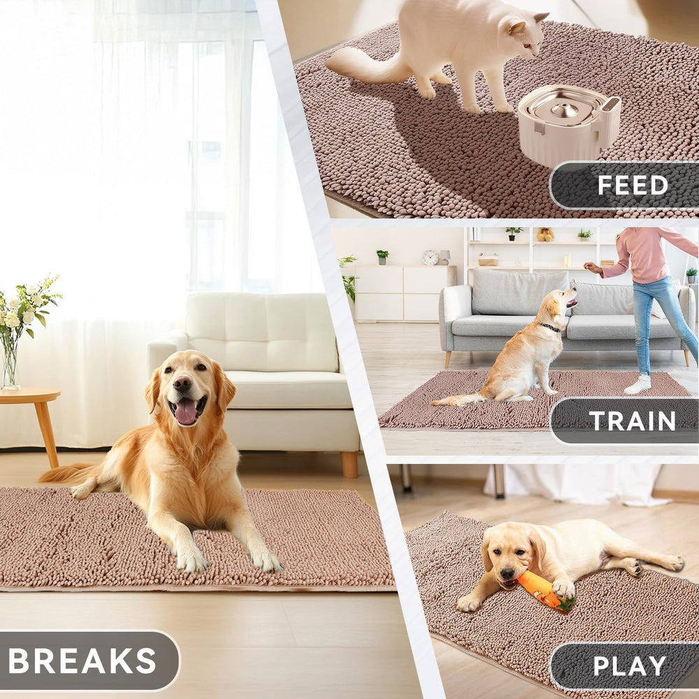 Tapis porte-chien ChgLiPets lavable en machine, chenille camel, entretien facile.