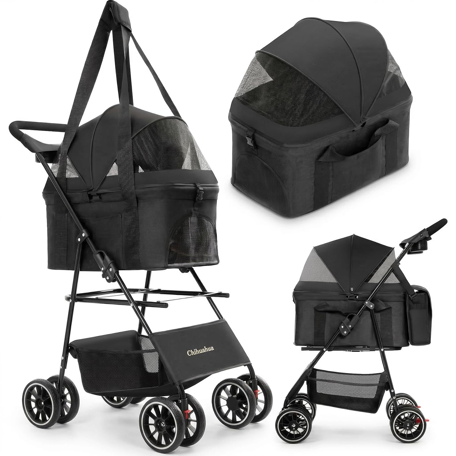 Poussette Chihuahua 2 en 1 pliable avec canopy pour balades confortables.