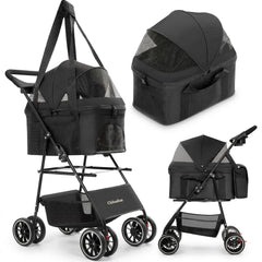 Poussette Chihuahua 2 en 1 pliable avec canopy pour balades confortables.