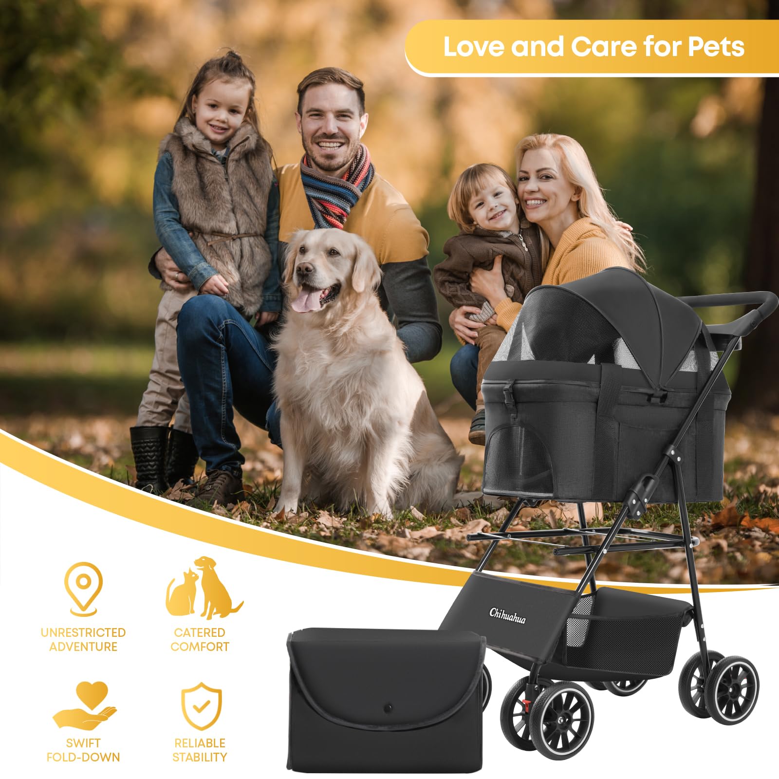 Chihuahua Poussette avec accessoires porte-gobelets et tote inclus.