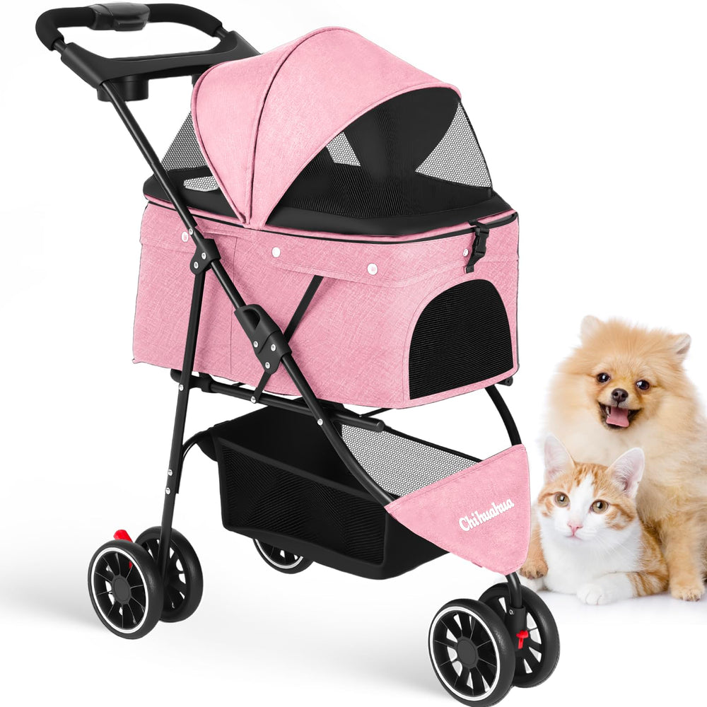 Poussette Chihuahua pour animaux en rose avec 3 roues, sortie facile et stable.