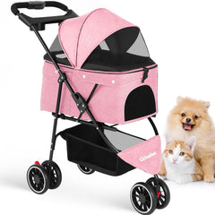 Poussette Chihuahua pour animaux en rose avec 3 roues, sortie facile et stable.