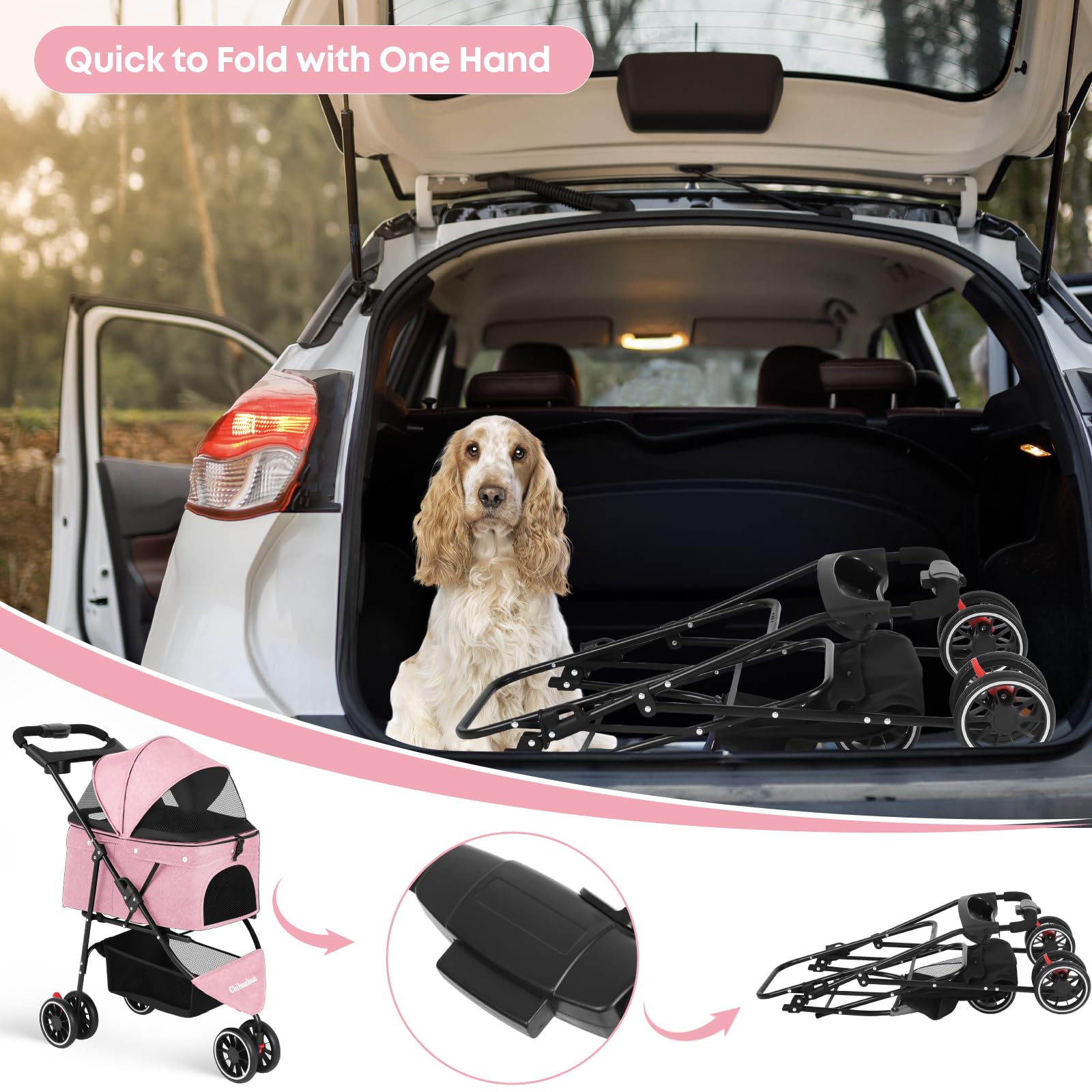 Chihuahua poussette rose avec freins arrière et roues pivotantes pour contrôle sûr.