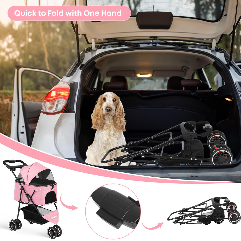 Chihuahua poussette rose avec freins arrière et roues pivotantes pour contrôle sûr.