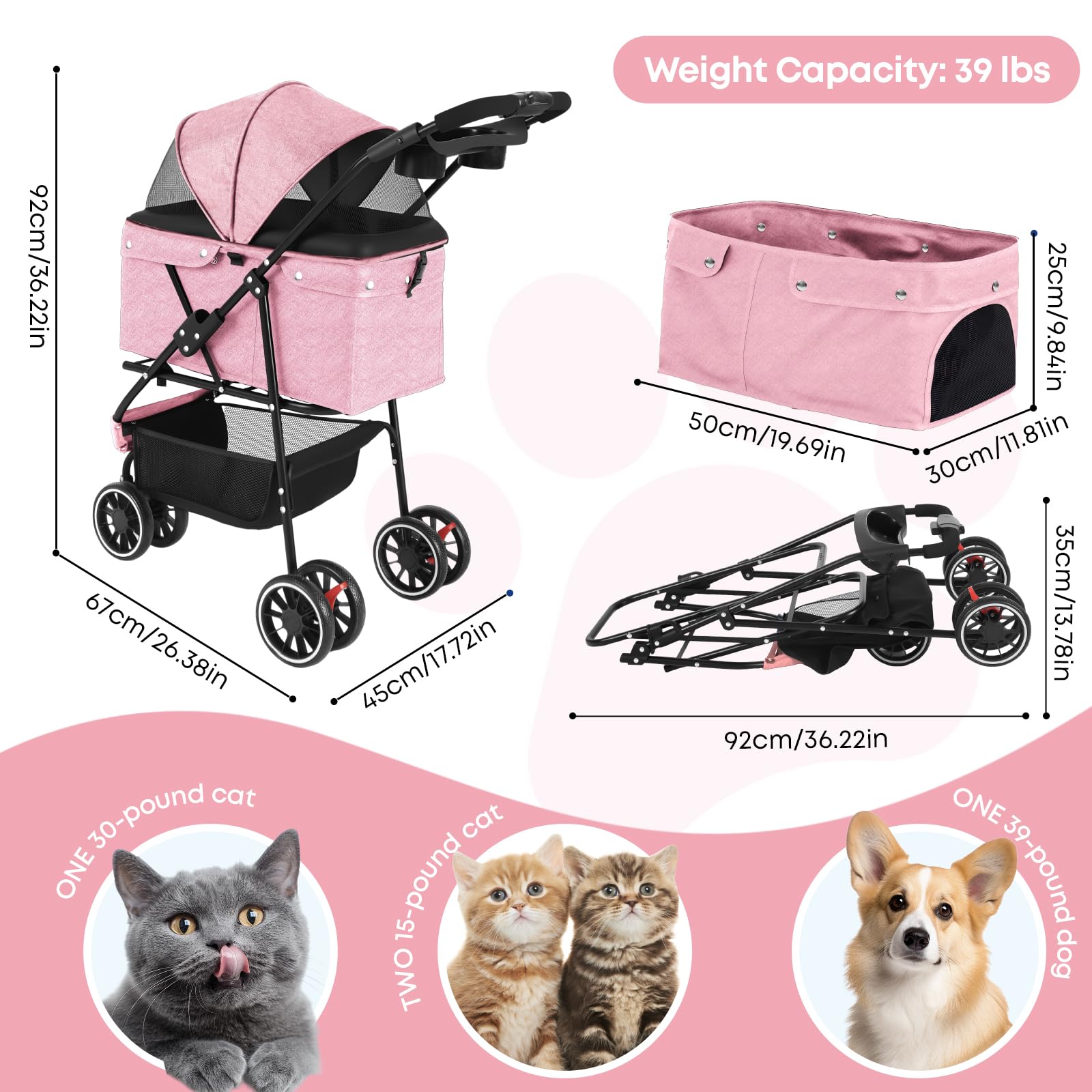 Chihuahua poussette rose maillage respirant pour garder votre compagnon au frais.