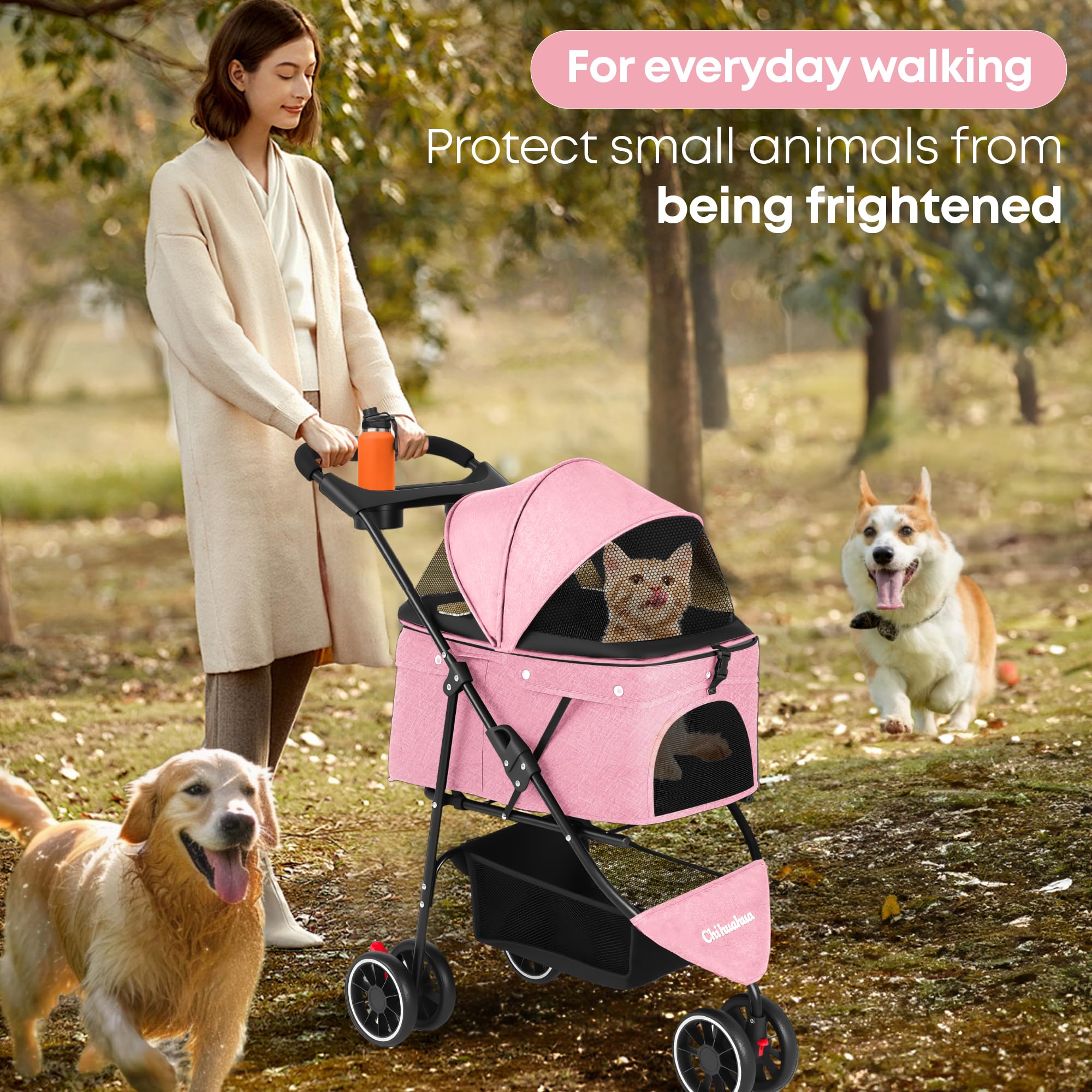 Poussette Chihuahua rose avec grand panier et rangement pratique pour accessoires.