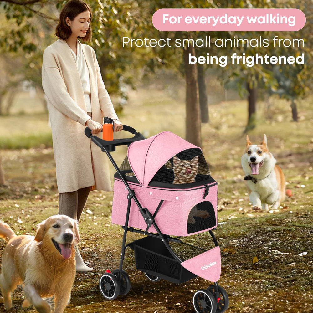 Poussette Chihuahua rose avec grand panier et rangement pratique pour accessoires.