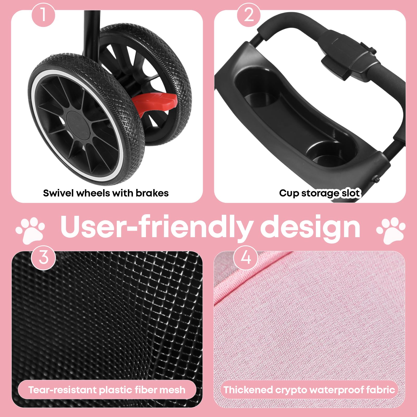 Poussette Chihuahua rose pliable et légère pour trajets rapides.