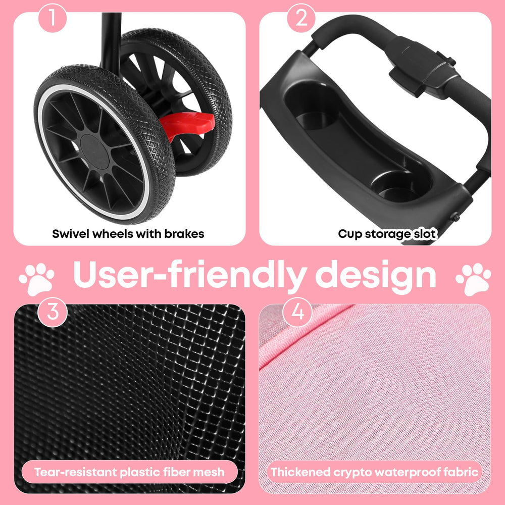 Poussette Chihuahua rose pliable et légère pour trajets rapides.