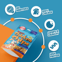 Chip's Naturals Doggie Chicken Chips — emballage sur étagère, pratique et prêt à l'emploi.