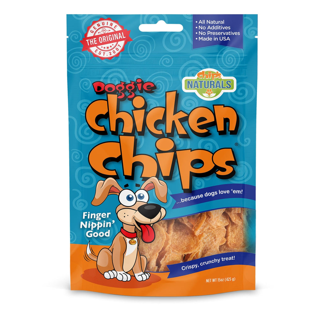 Chip's Naturals Doggie Chicken Chips — emballage clair, parfait pour découvrir le produit.