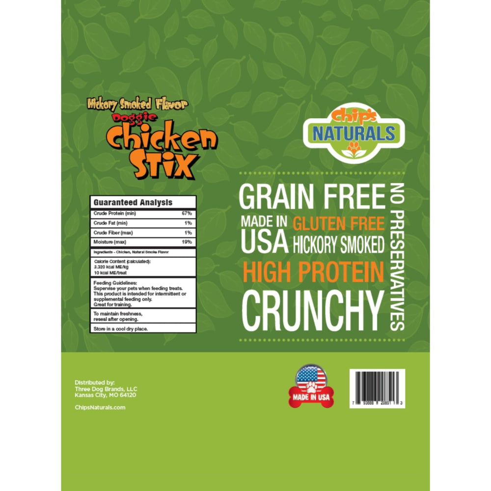 Chip's Naturals Doggie Chicken Stix texture croquante en gros plan, parfait pour récompenser.