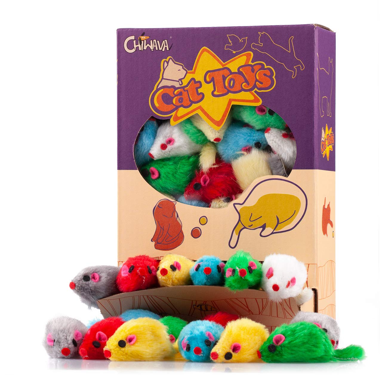 CHIWAVA souris-poilue 4-1 pouces, en couleurs variées, stimule l'amusement et l'exercice du chat.