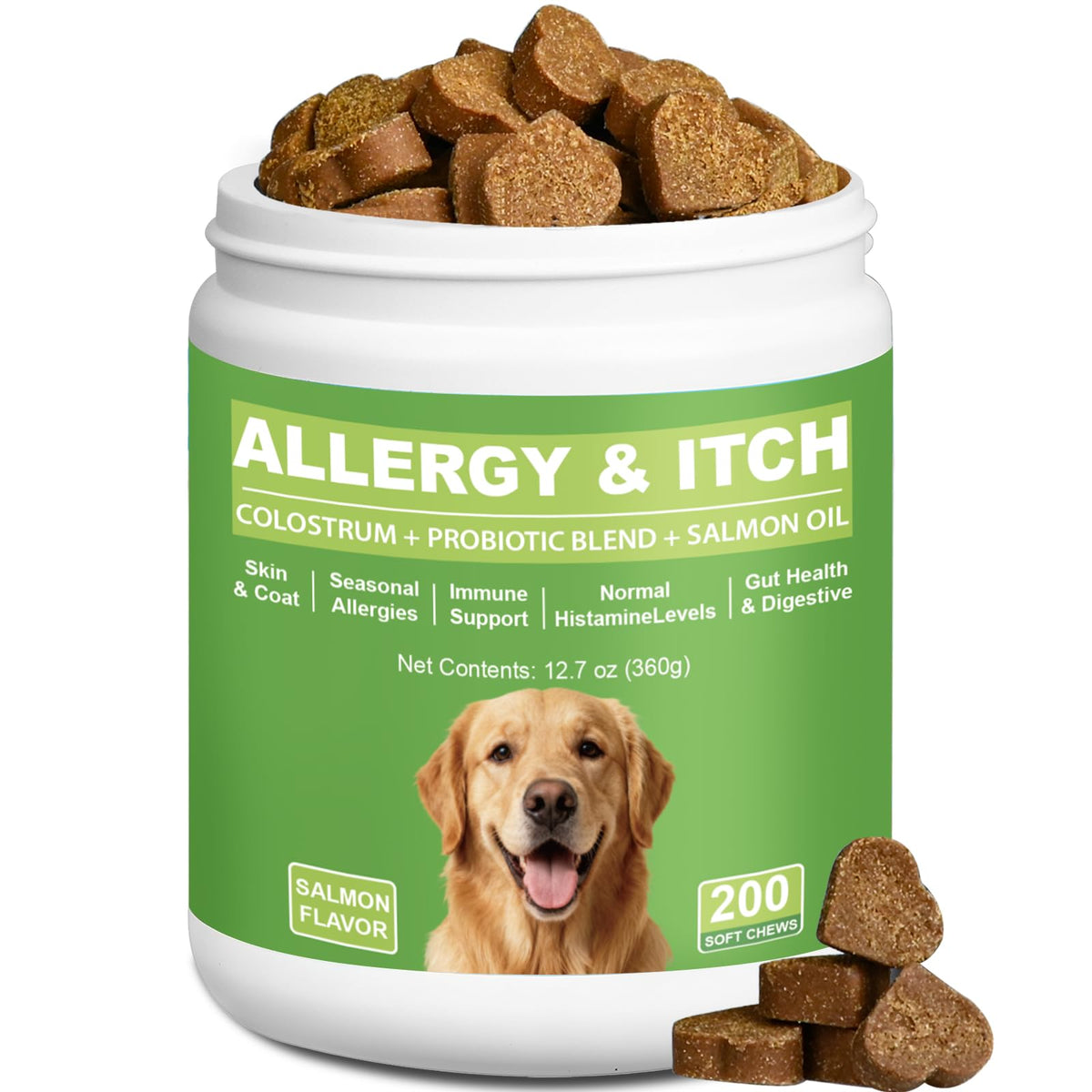ChoHeel Dog Allergy Chews au goût saumon, soutien cutané potentiel.