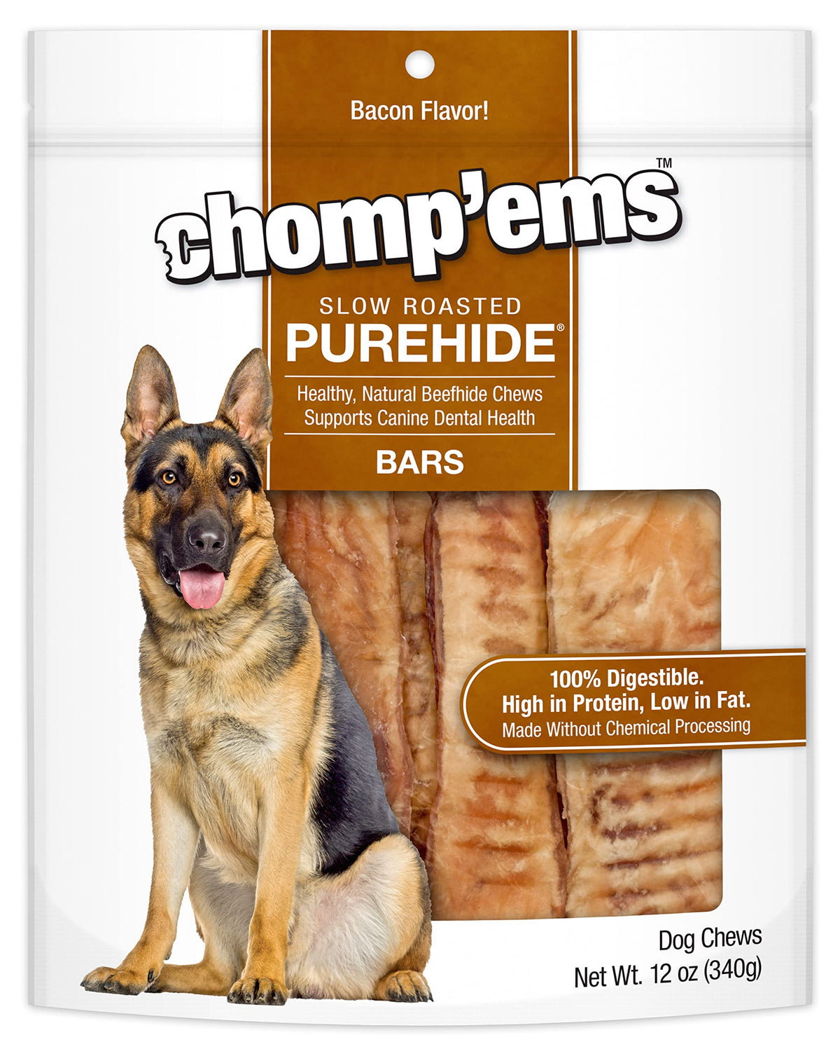 CHOMP EMS Purehide os à mâcher bacon, friandise digeste pour chiens.