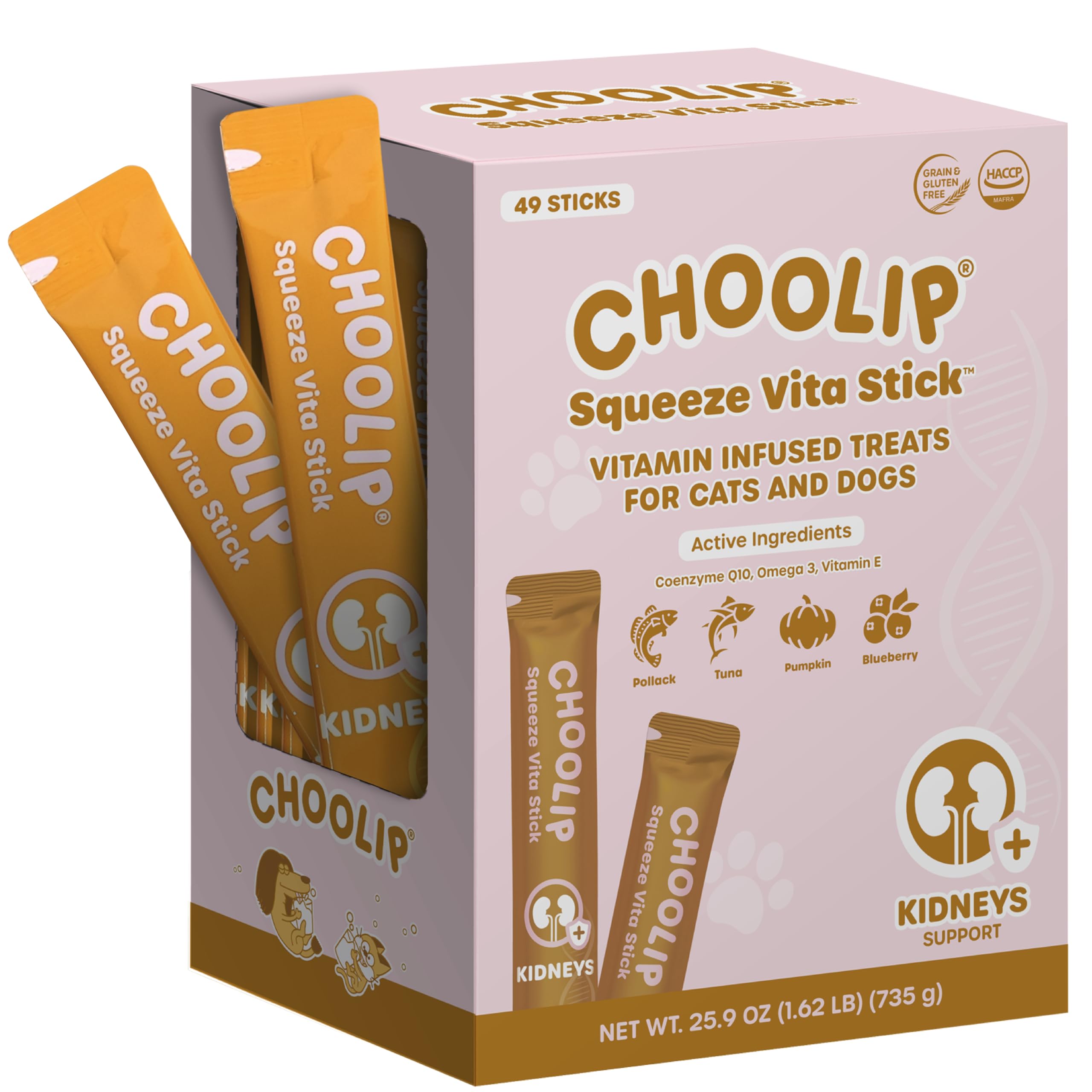 Choolip Squeeze Vita Stick, vue d'ensemble du lot de 49 unités pour chats et chiens.