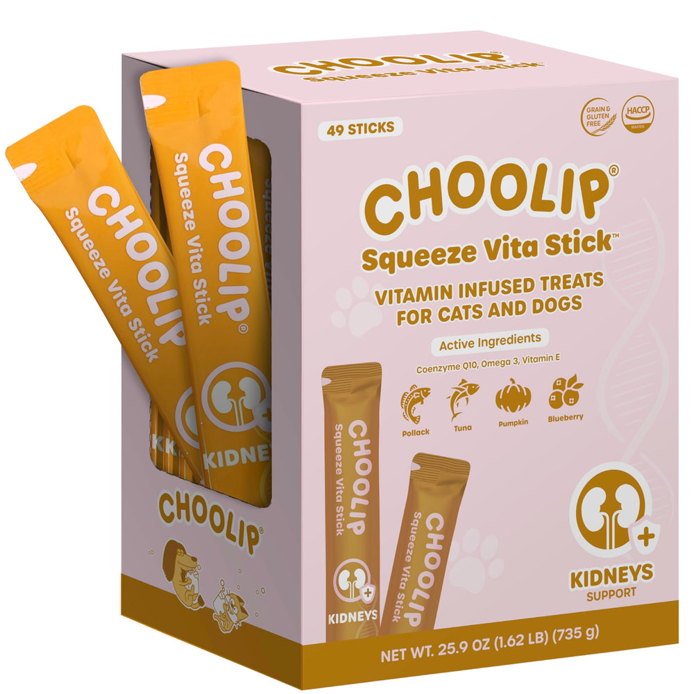 Choolip Squeeze Vita Stick, vue d'ensemble du lot de 49 unités pour chats et chiens.