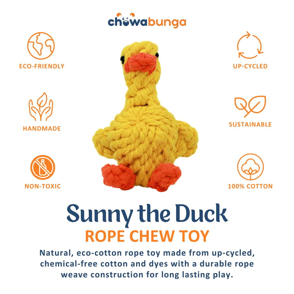 Canard jaune Chowabunga, corde coton recyclé pour mâchouillage sûr et résistant.