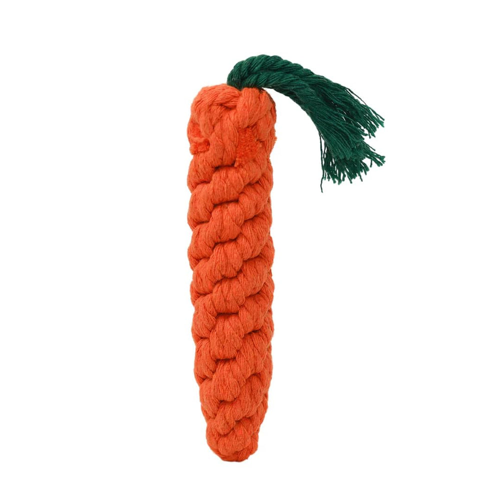 Jouet Chowabunga Carotte avec nœuds en coton, durable pour chiens et chiots.