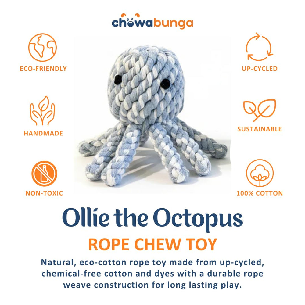 Chowabunga Ollie: couture artisanale et corde de coton pour mordilages sûrs.